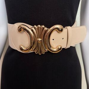 Beige PU leather elastic waistband belt with gold tone buckle
